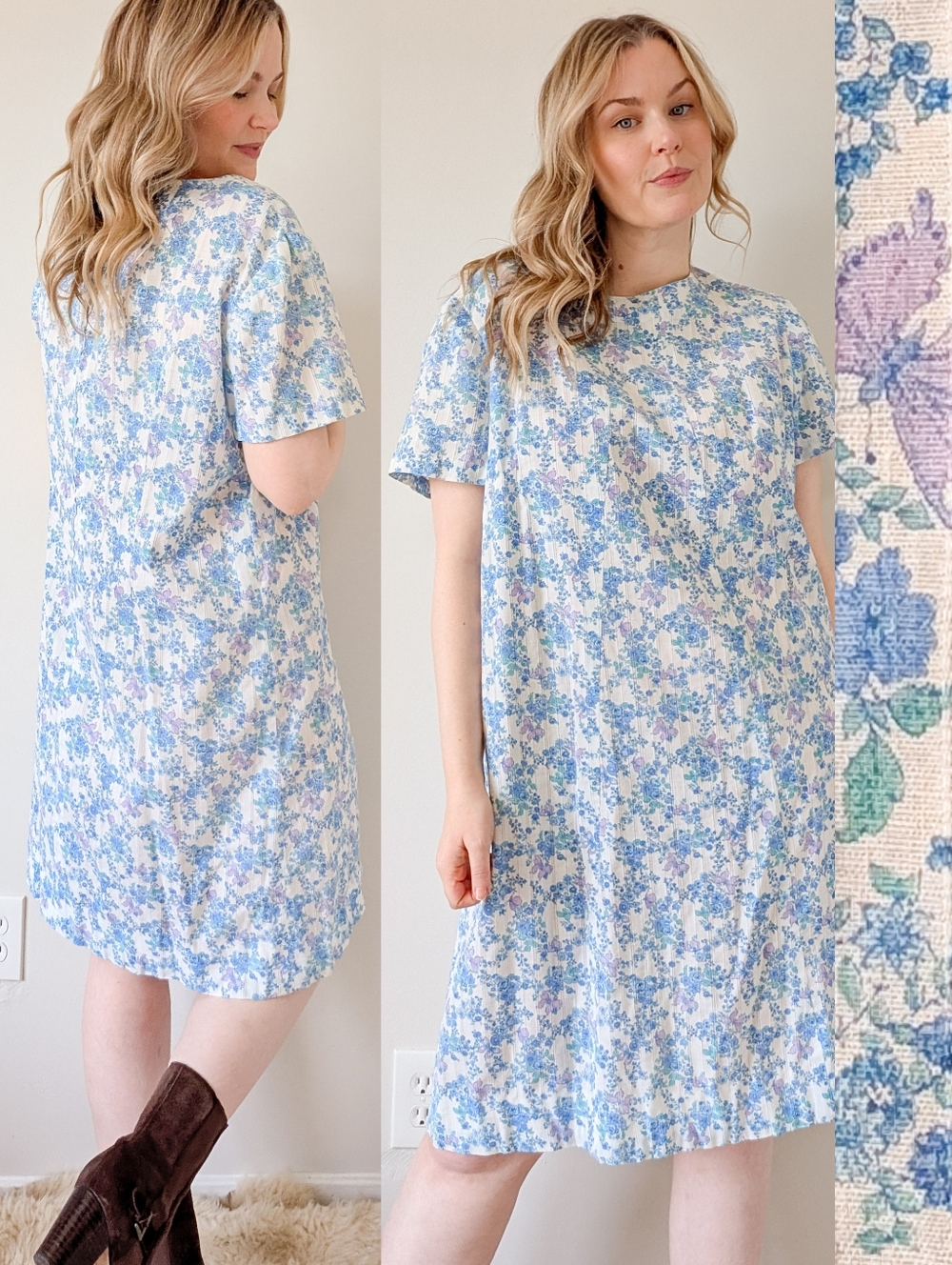 Vintage Butterfly Floral Short Sleeve 60s / 70s Day Shirt Dress